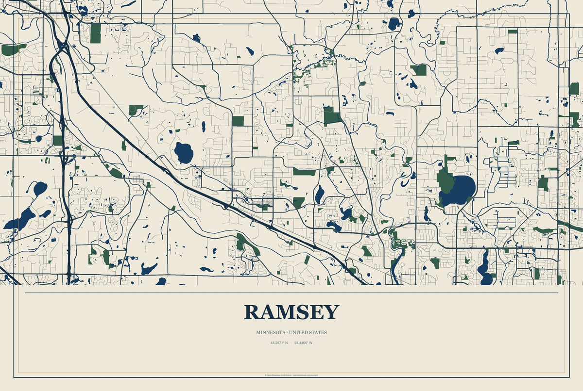 Ramsey, Minnesota City Map Aluminum Sign in Coastal Cutout style