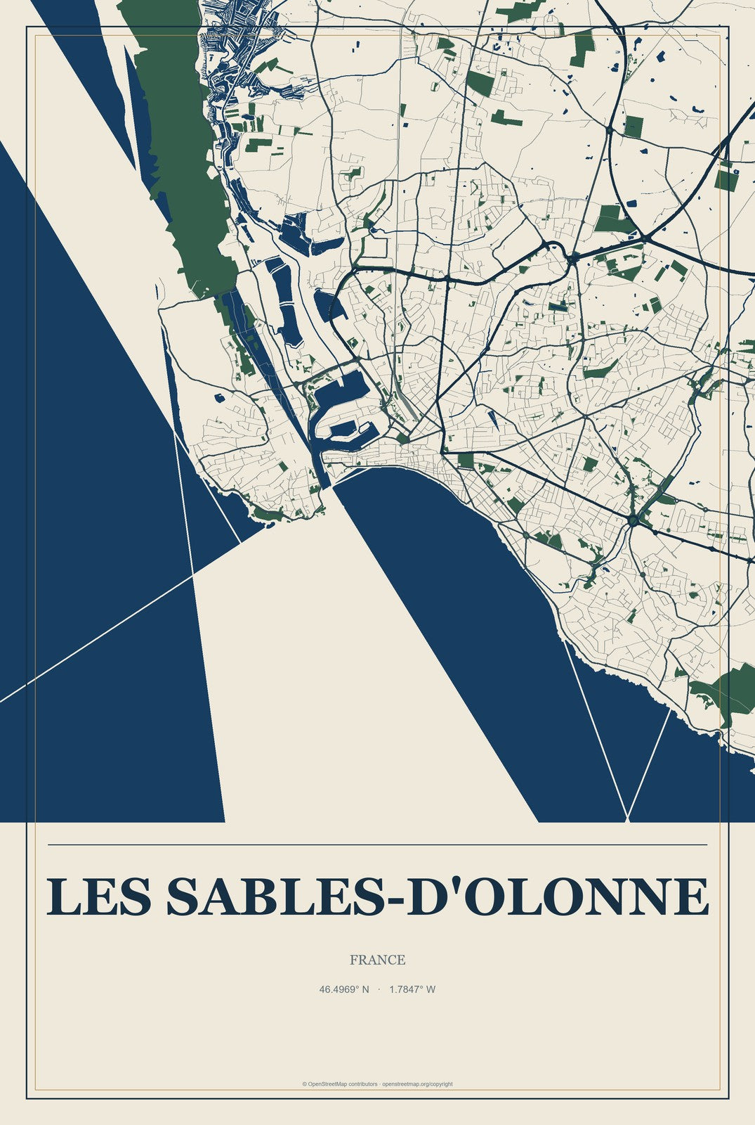 Les Sables-d'Olonne, France City Map Aluminum Sign in Coastal Cutout style