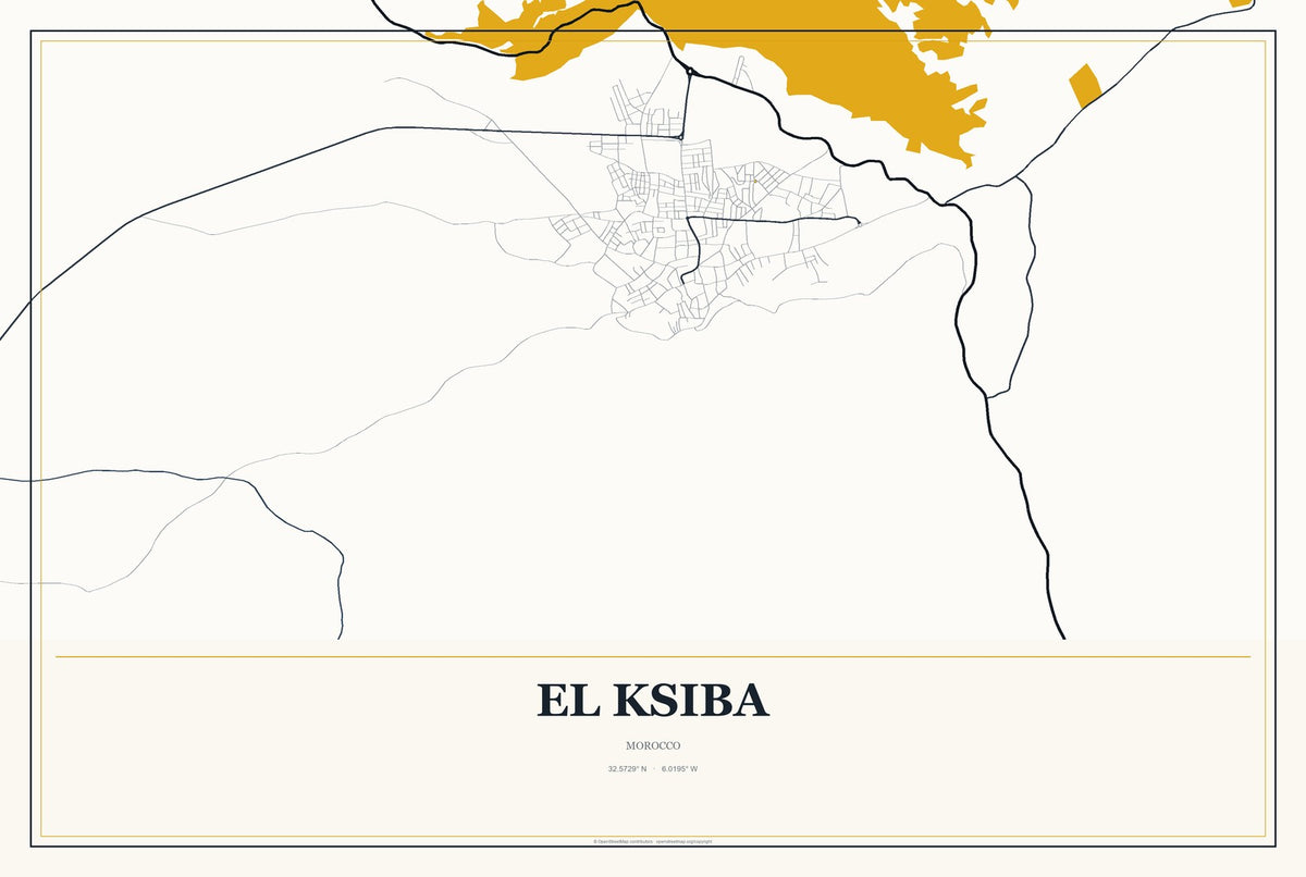 El Ksiba, Morocco City Map Aluminum Sign in Citrine Modern style