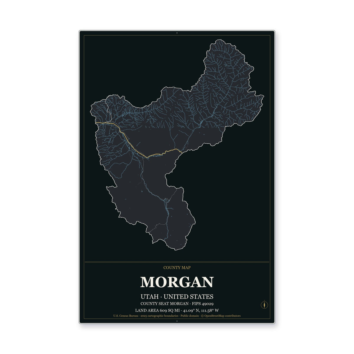 Morgan County, Utah Map Aluminum Sign in Metropolitan Noir style