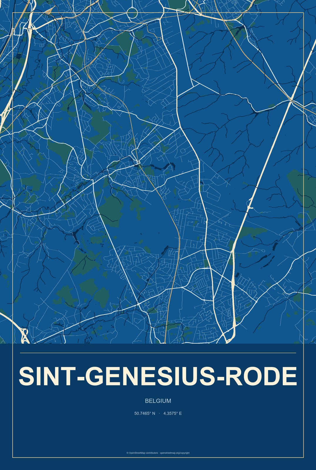 Sint-Genesius-Rode, Belgium City Map Aluminum Sign in Harbor Cobalt style