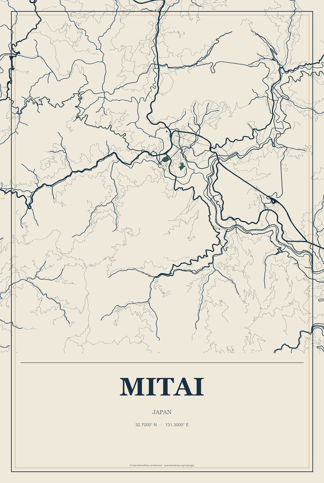 Mitai, Japan City Map Aluminum Sign in Coastal Cutout style