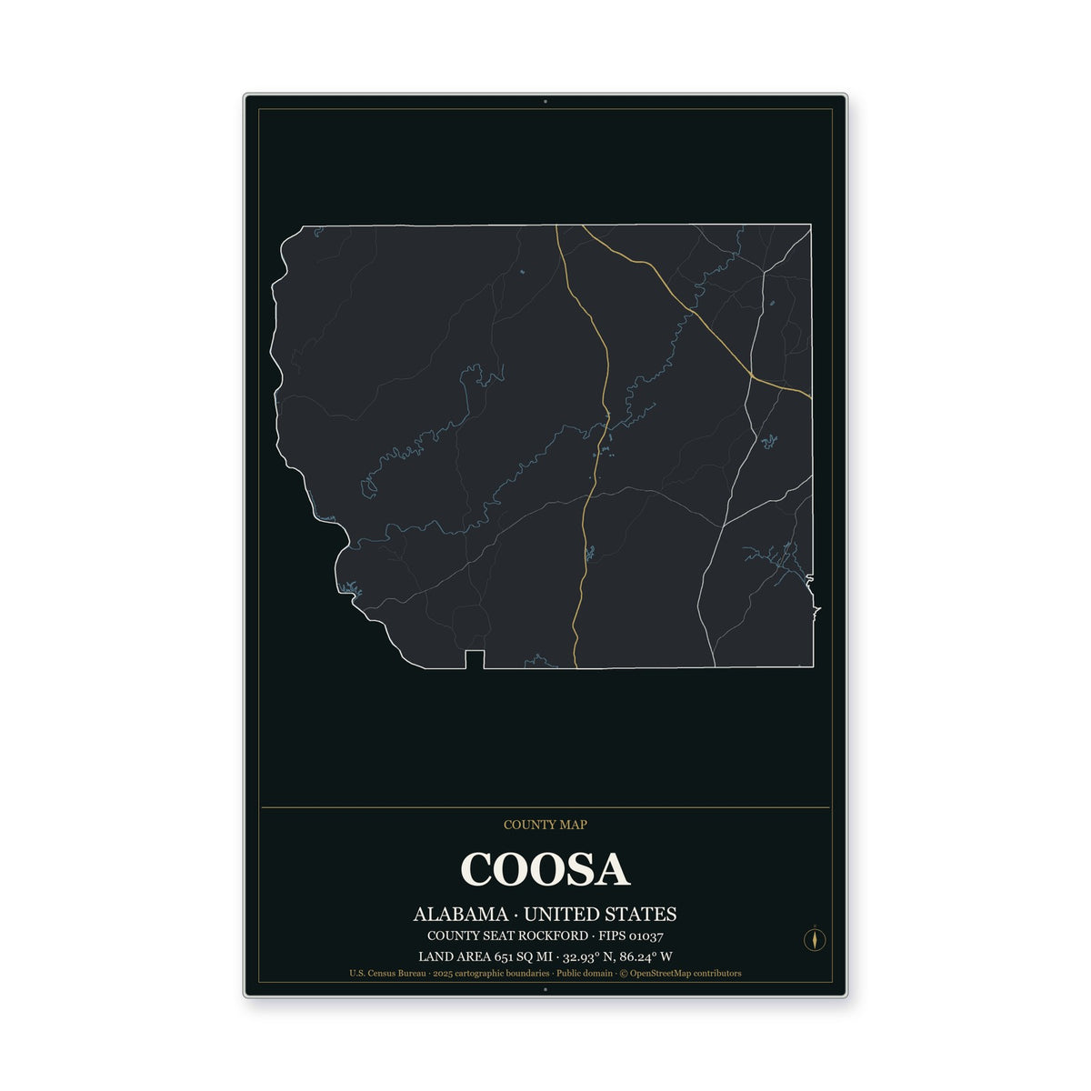 Coosa County, Alabama Map Aluminum Sign in Metropolitan Noir style