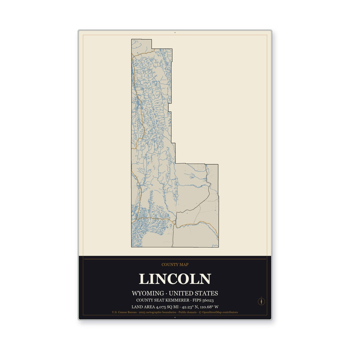 Lincoln County, Wyoming Map Aluminum Sign in Museum Plaque style