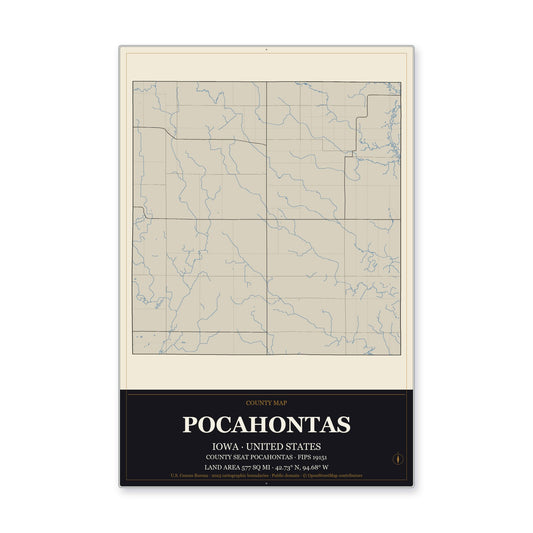 Pocahontas County, Iowa Map Aluminum Sign in Museum Plaque style