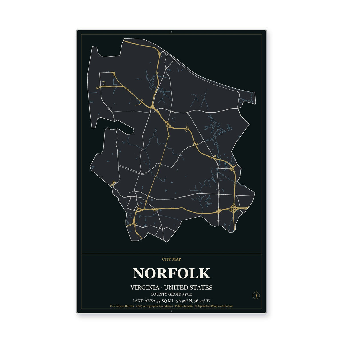 Norfolk city, Virginia Map Aluminum Sign in Metropolitan Noir style