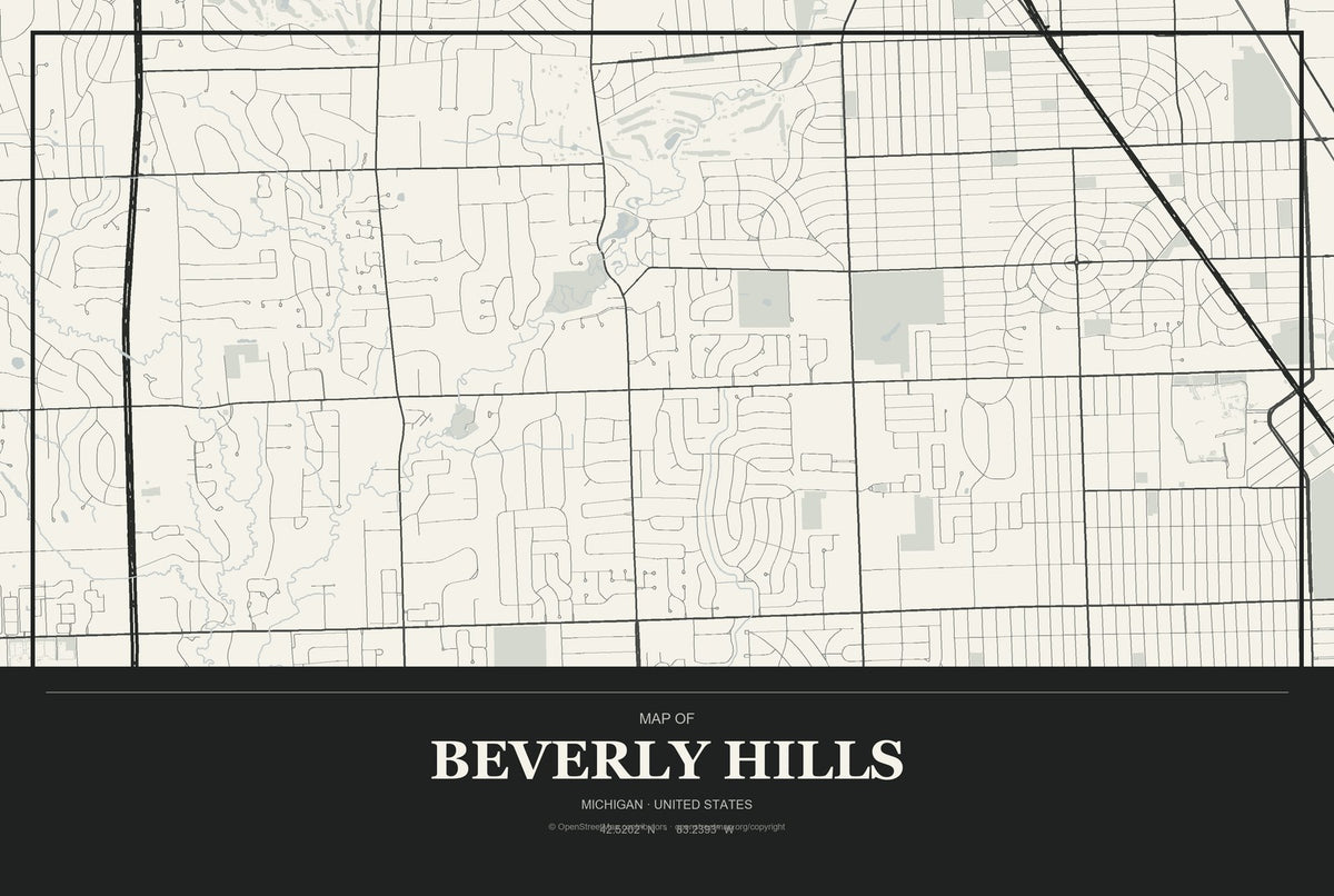 Beverly Hills, Michigan City Map Aluminum Sign in Museum Plaque style