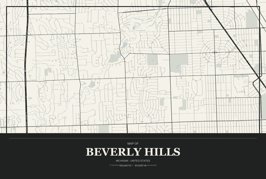 Beverly Hills, Michigan City Map Aluminum Sign in Museum Plaque style