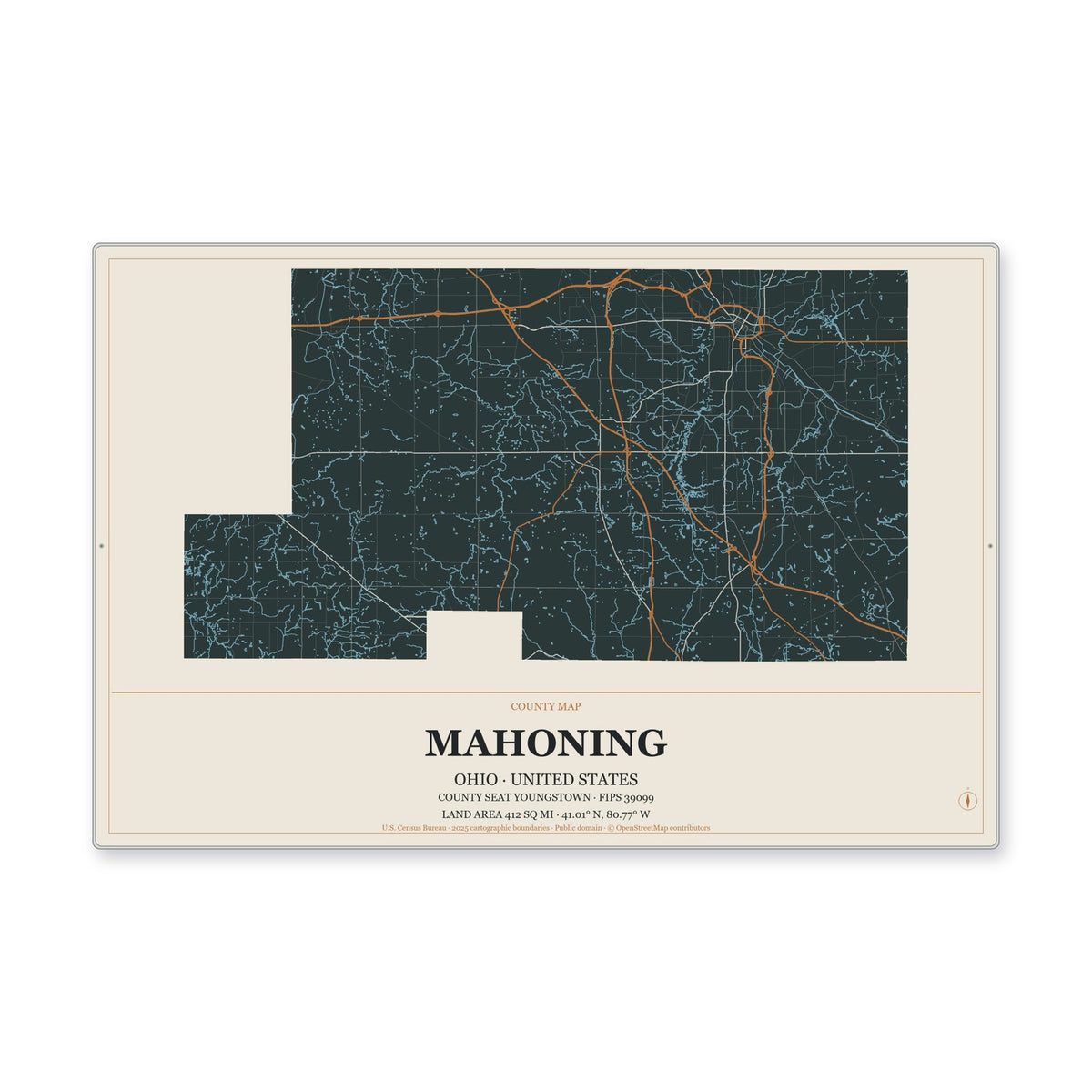 Mahoning County, Ohio Map Aluminum Sign in Headline Atlas style