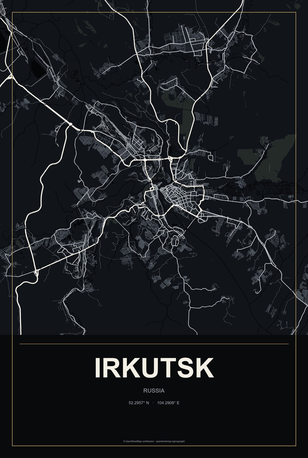 Irkutsk, Russia City Map Aluminum Sign in Metropolitan Noir style