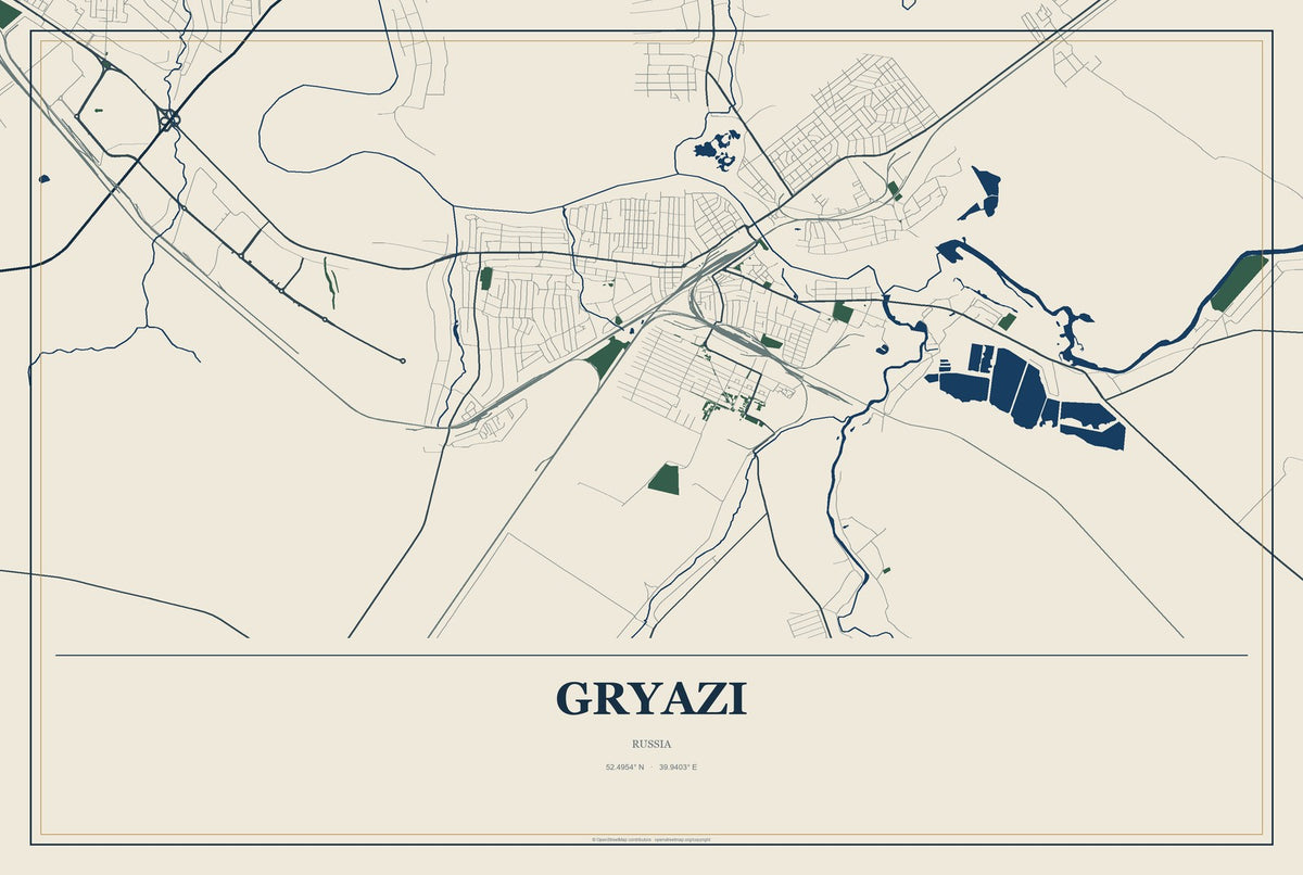 Gryazi, Russia City Map Aluminum Sign in Coastal Cutout style