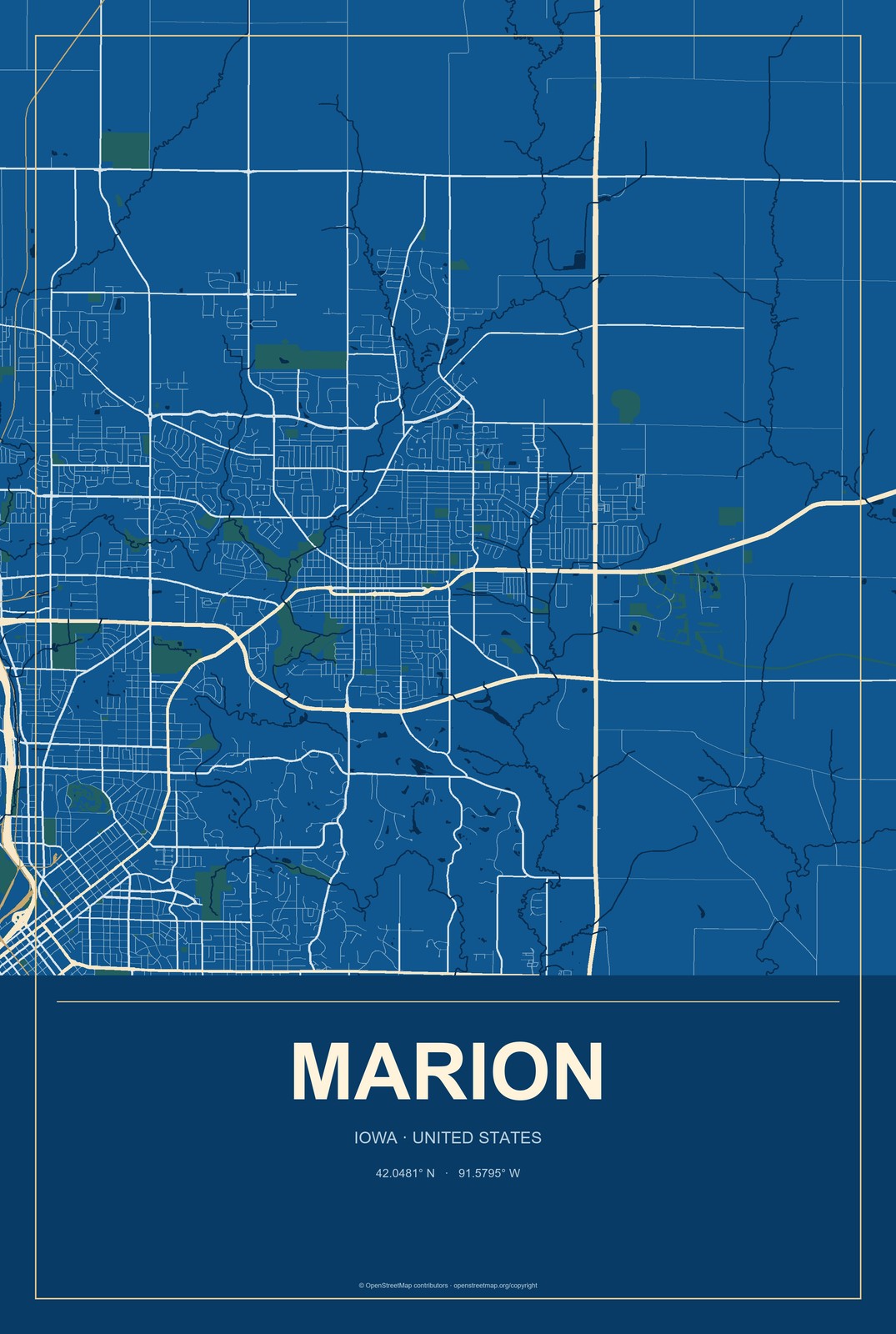 Marion, Iowa City Map Aluminum Sign in Harbor Cobalt style