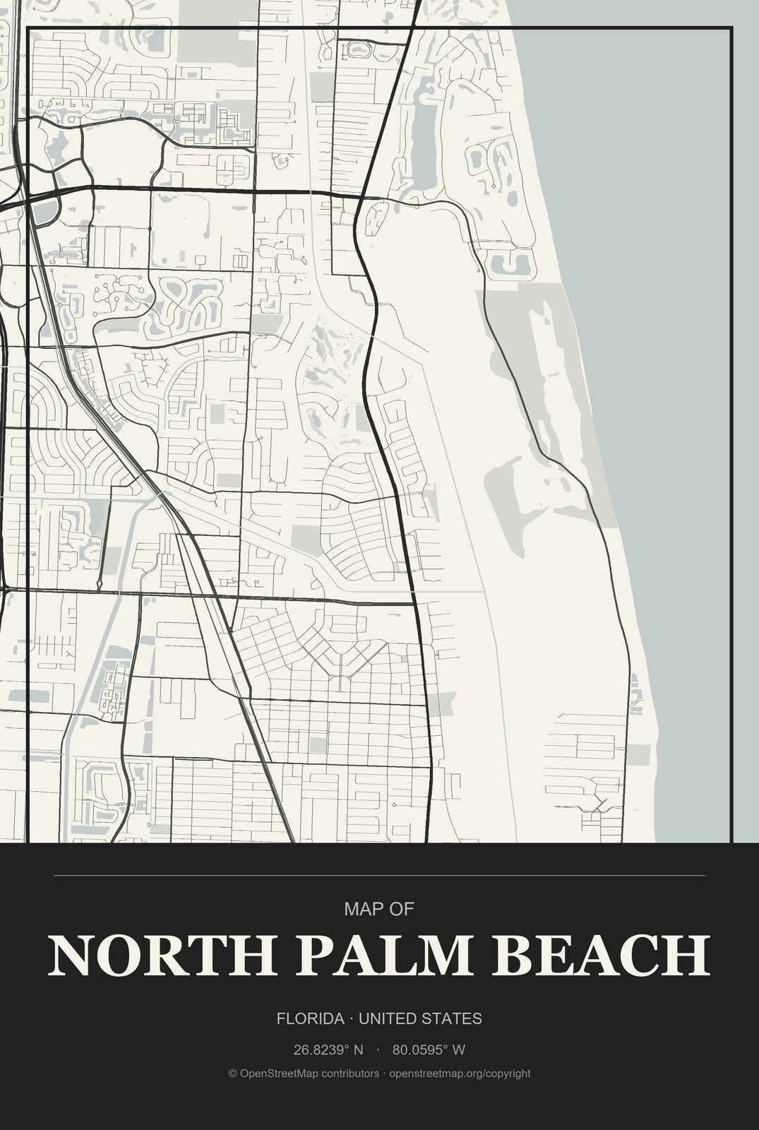 North Palm Beach, Florida City Map Aluminum Sign in Museum Plaque style
