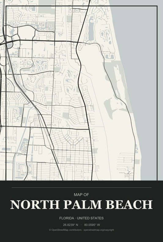 North Palm Beach, Florida City Map Aluminum Sign in Museum Plaque style