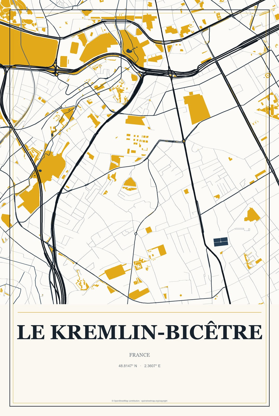 Le Kremlin-Bicêtre, France City Map Aluminum Sign in Citrine Modern style