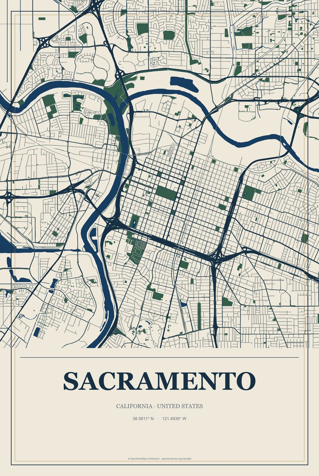 Sacramento, California City Map Aluminum Sign in Coastal Cutout style