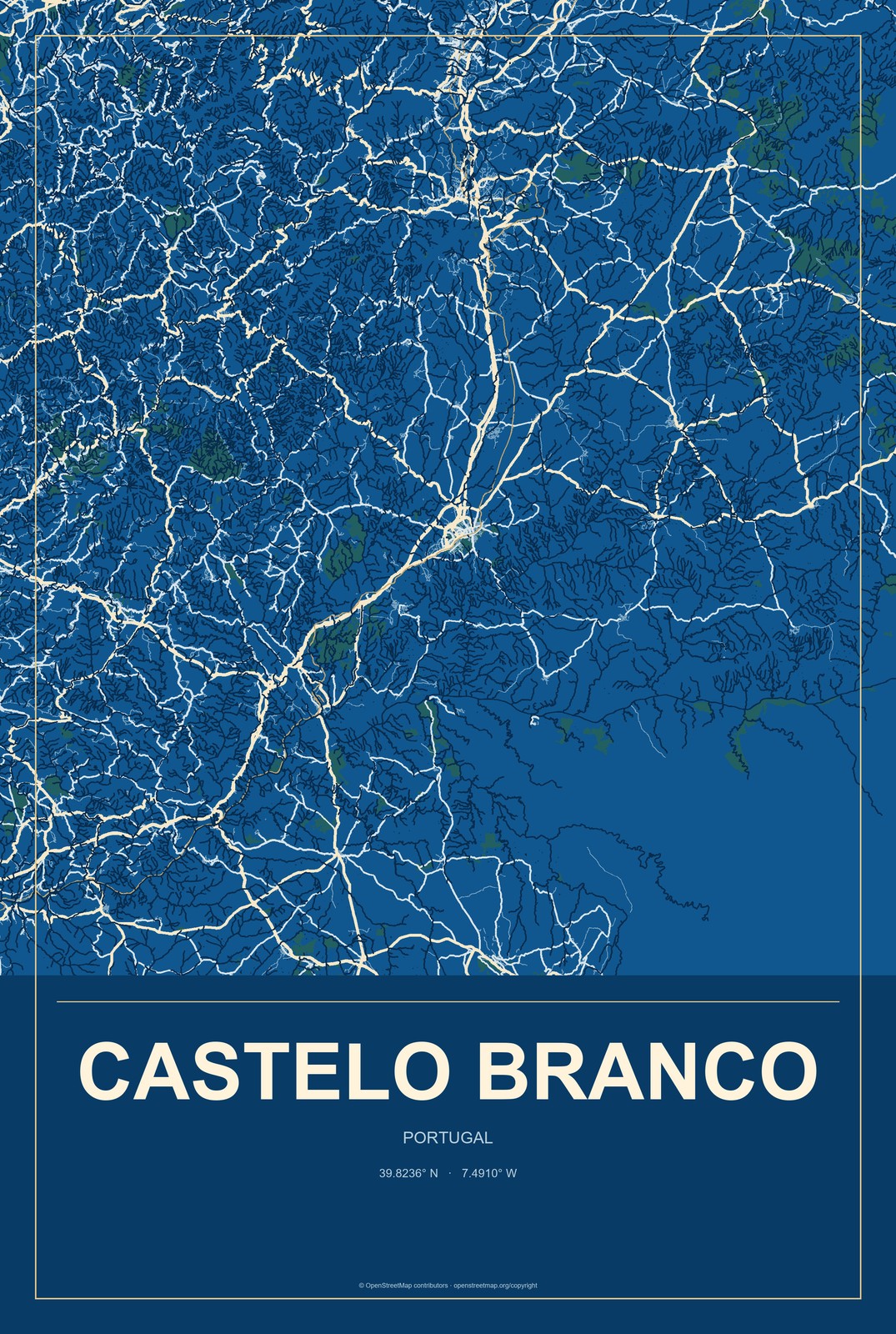Castelo Branco, Portugal City Map Aluminum Sign in Harbor Cobalt style
