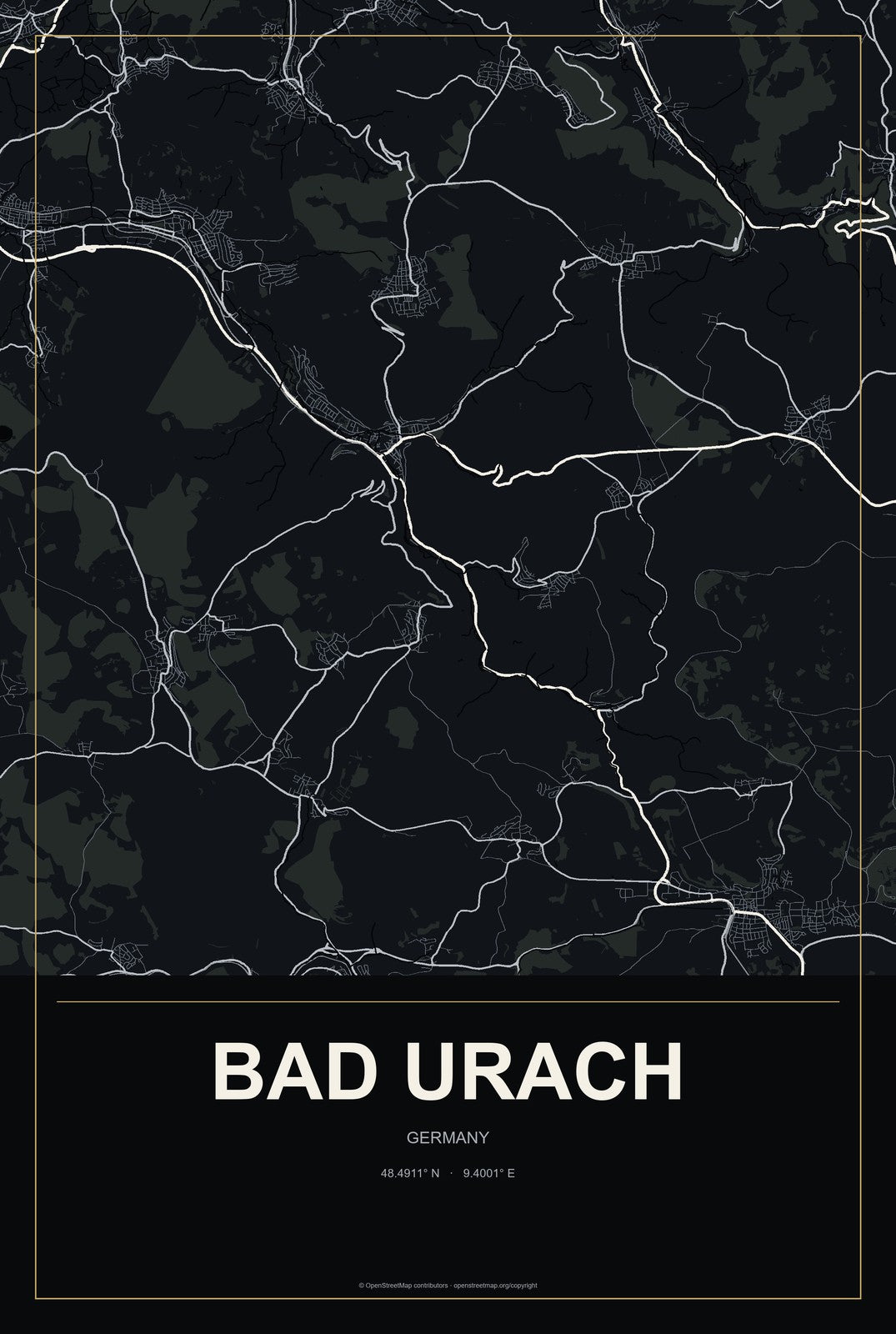 Bad Urach, Germany City Map Aluminum Sign in Metropolitan Noir style
