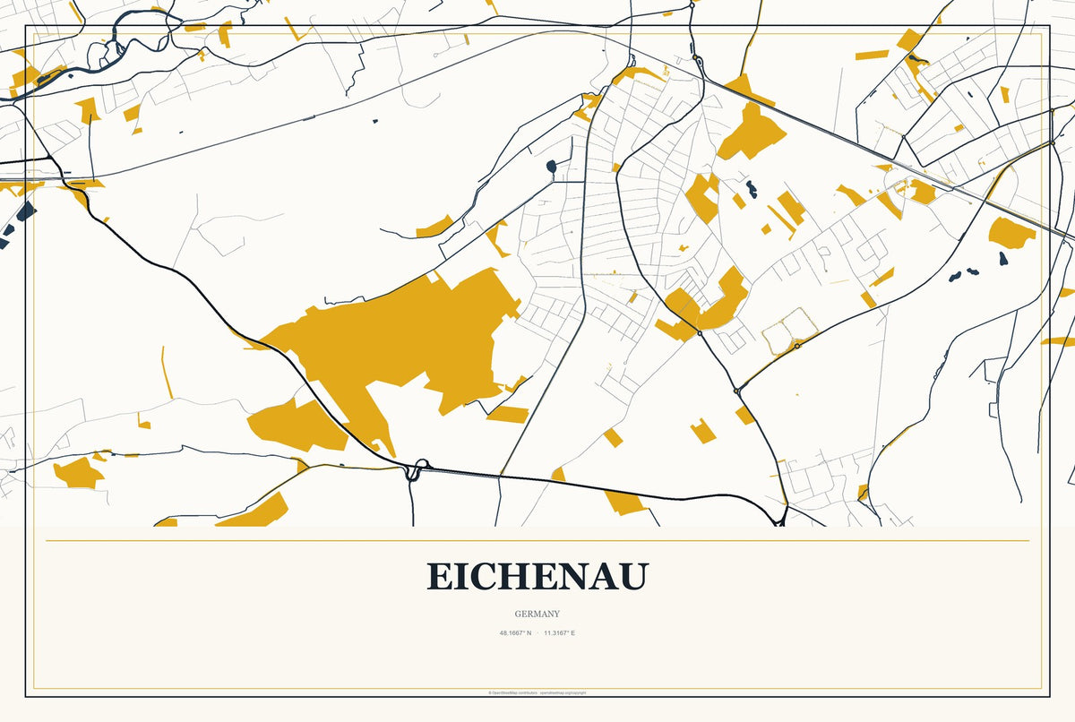 Eichenau, Germany City Map Aluminum Sign in Citrine Modern style