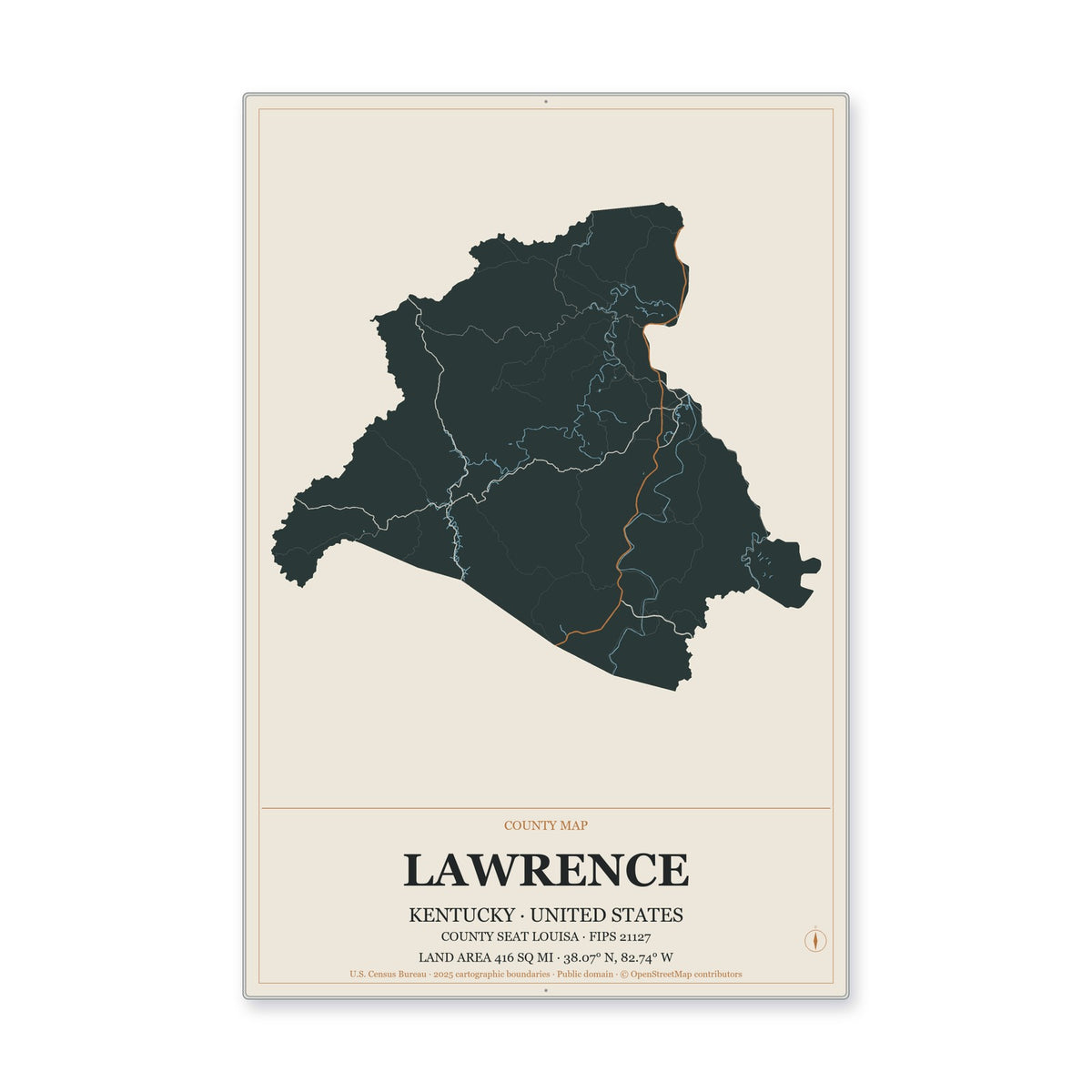 Lawrence County, Kentucky Map Aluminum Sign in Headline Atlas style