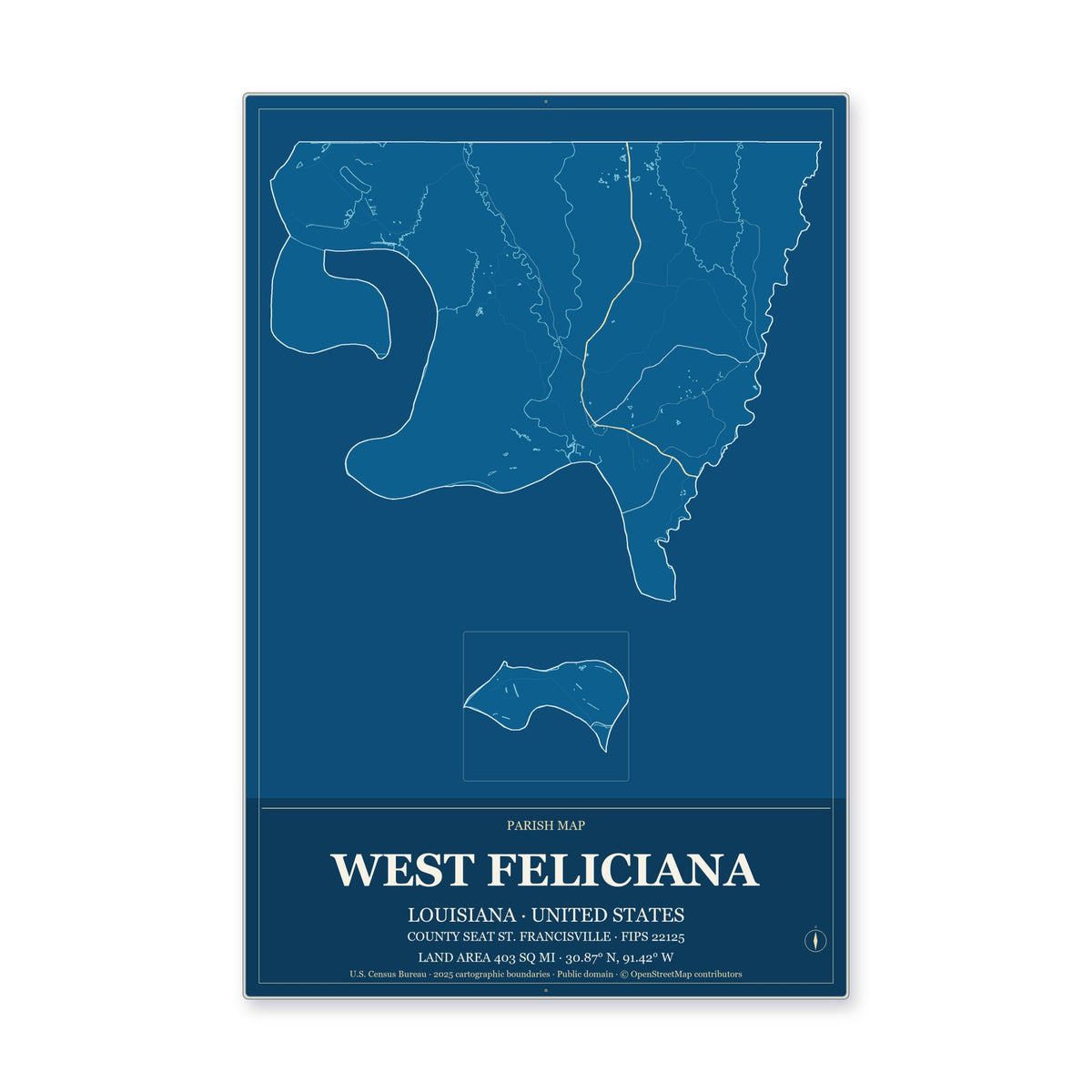 West Feliciana Parish, Louisiana Map Aluminum Sign in Harbor Cobalt style