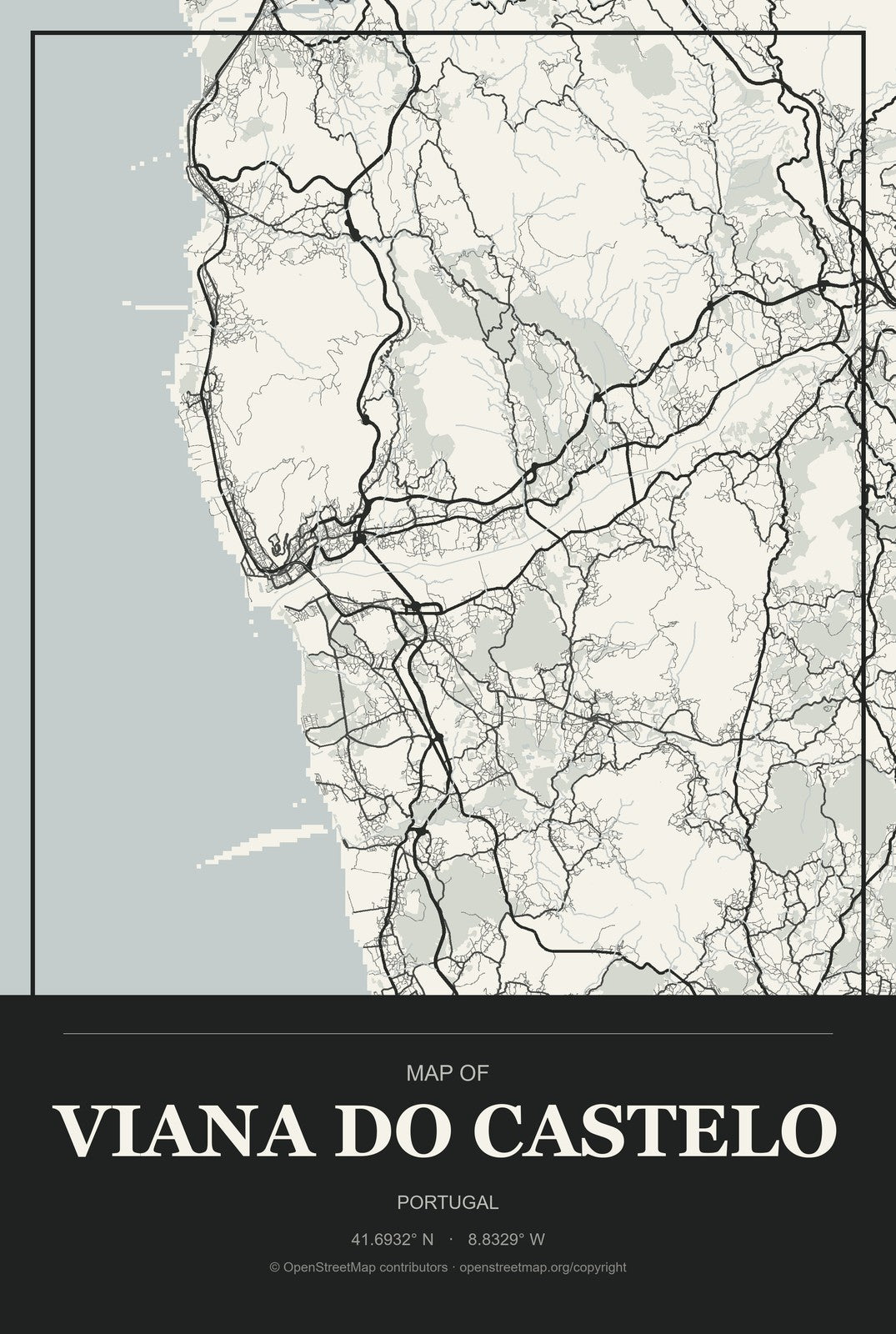 Viana do Castelo, Portugal City Map Aluminum Sign in Museum Plaque style