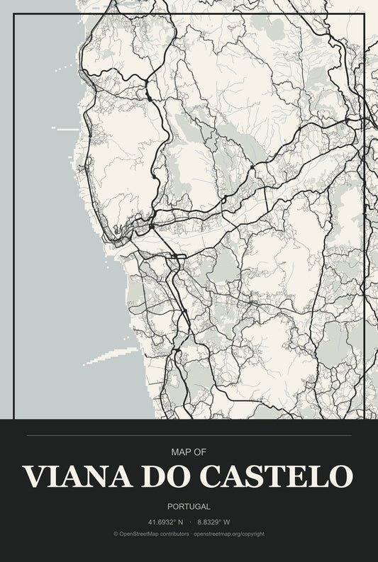 Viana do Castelo, Portugal City Map Aluminum Sign in Museum Plaque style