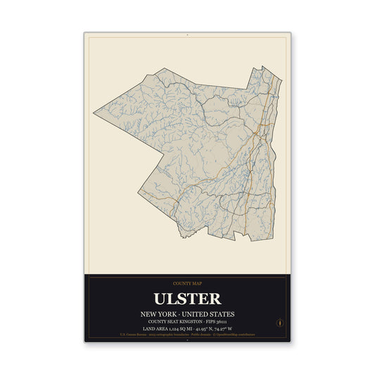 Ulster County, New York Map Aluminum Sign in Museum Plaque style