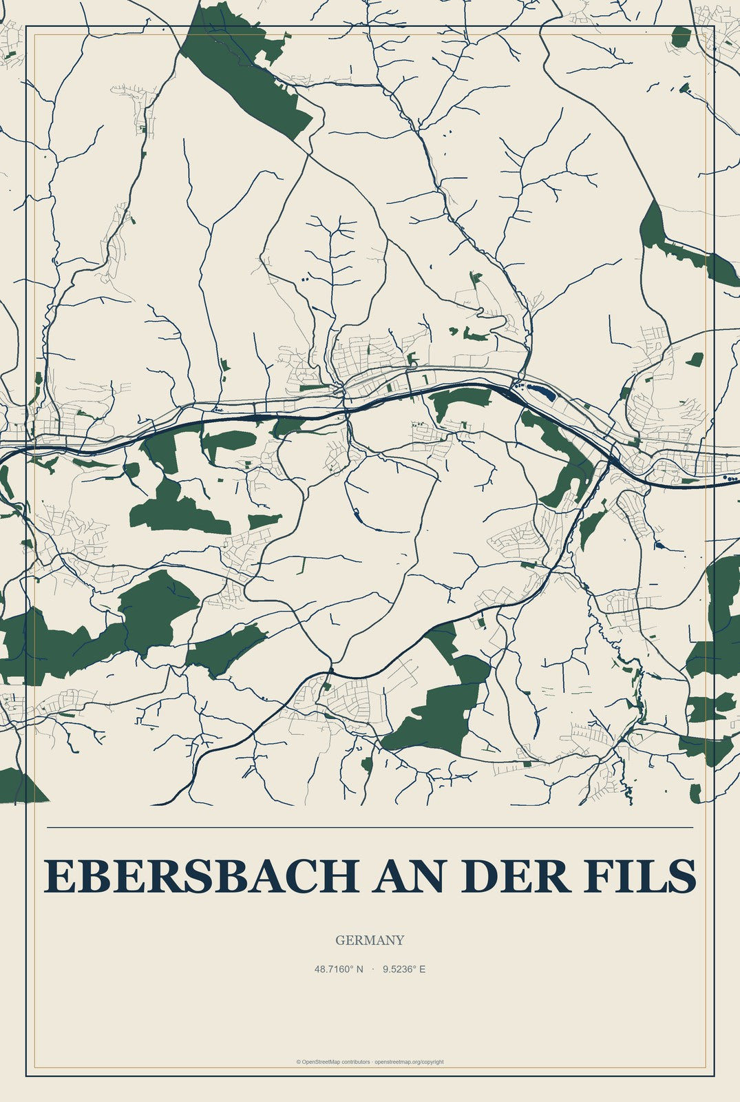 Ebersbach an der Fils, Germany City Map Aluminum Sign in Coastal Cutout style