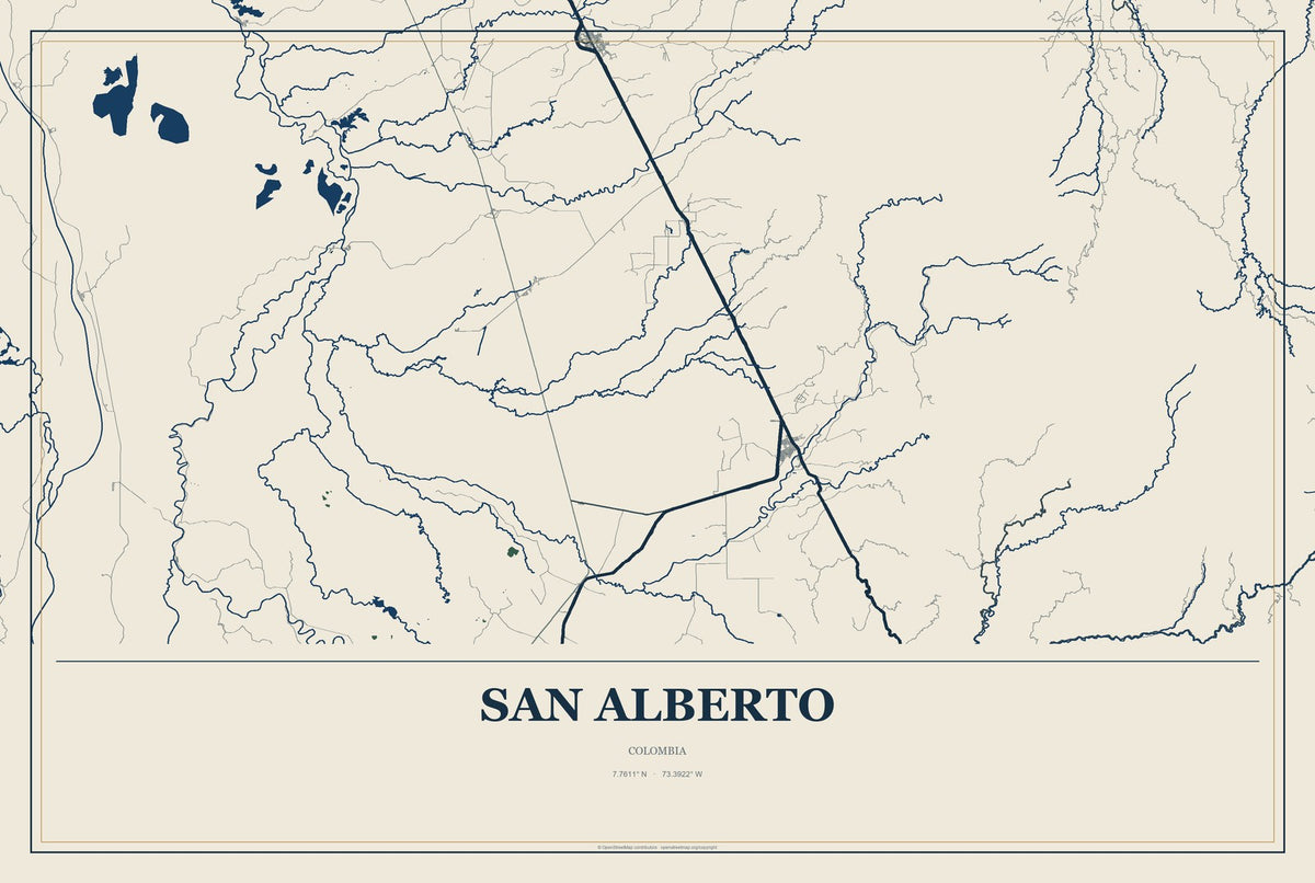 San Alberto, Colombia City Map Aluminum Sign in Coastal Cutout style