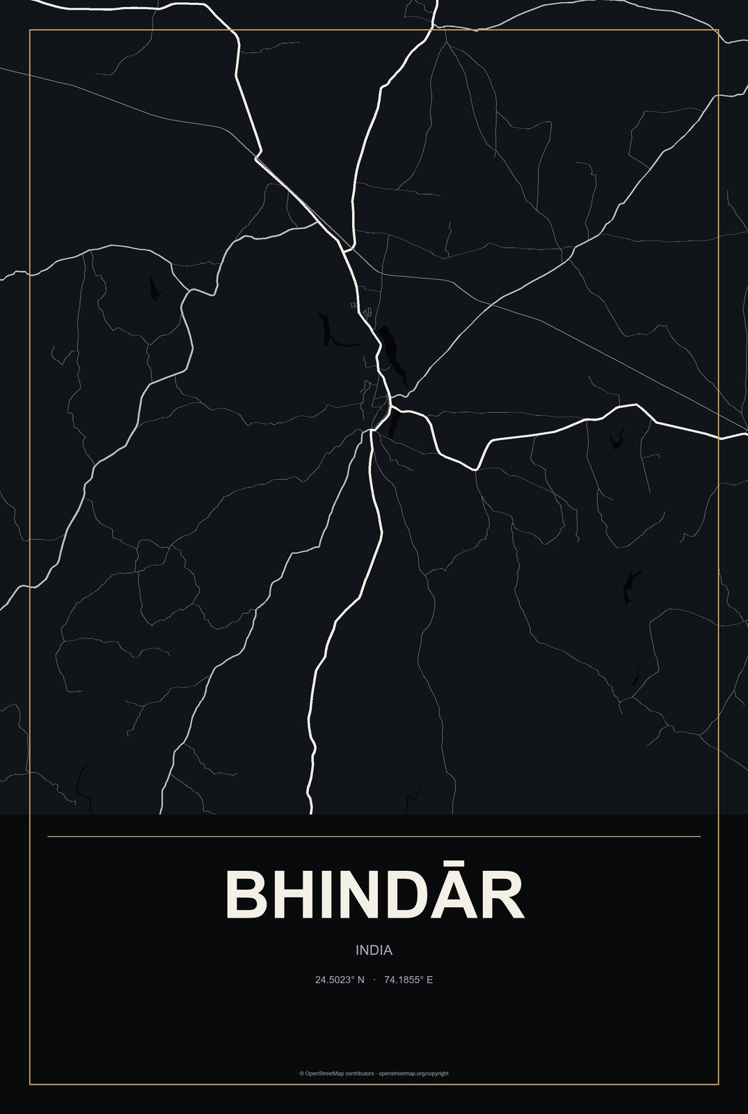 Bhindār, India City Map Aluminum Sign in Metropolitan Noir style