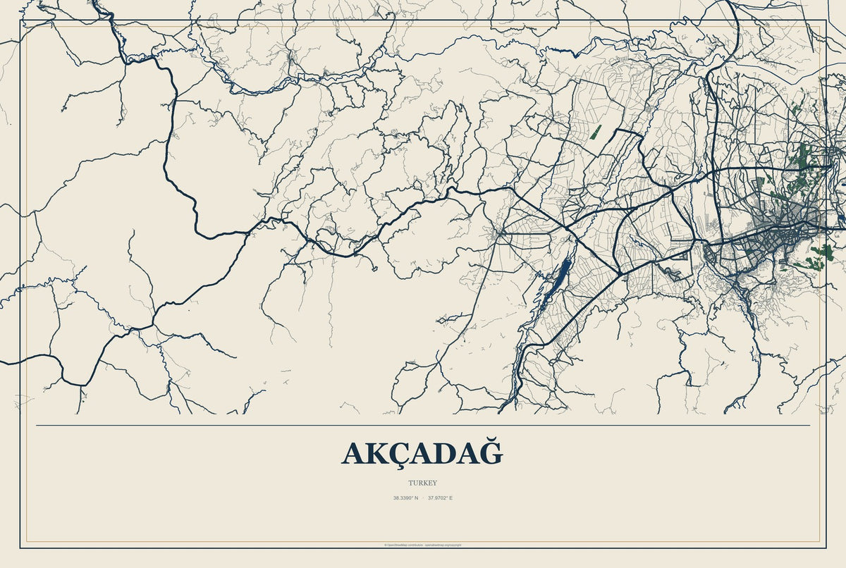 Akçadağ, Turkey City Map Aluminum Sign in Coastal Cutout style