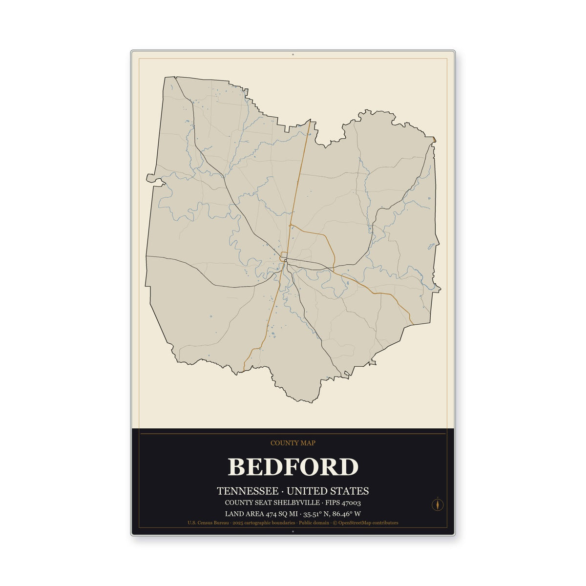 Bedford County, Tennessee Map Aluminum Sign in Museum Plaque style