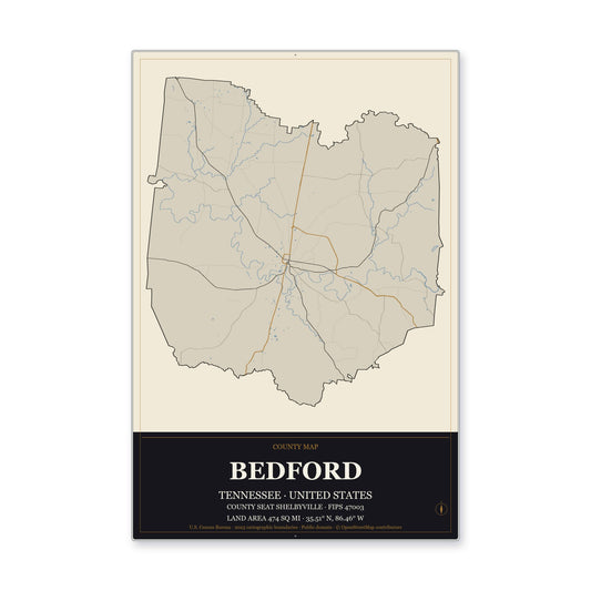 Bedford County, Tennessee Map Aluminum Sign in Museum Plaque style