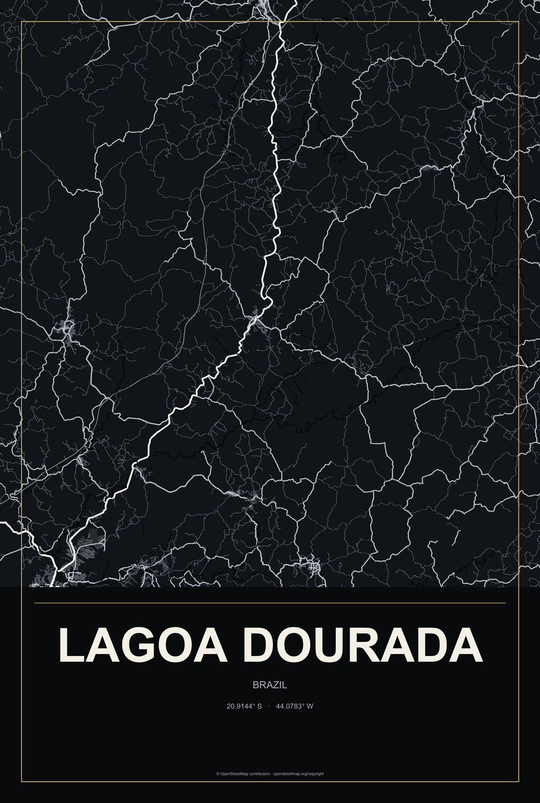 Lagoa Dourada, Brazil City Map Aluminum Sign in Metropolitan Noir style