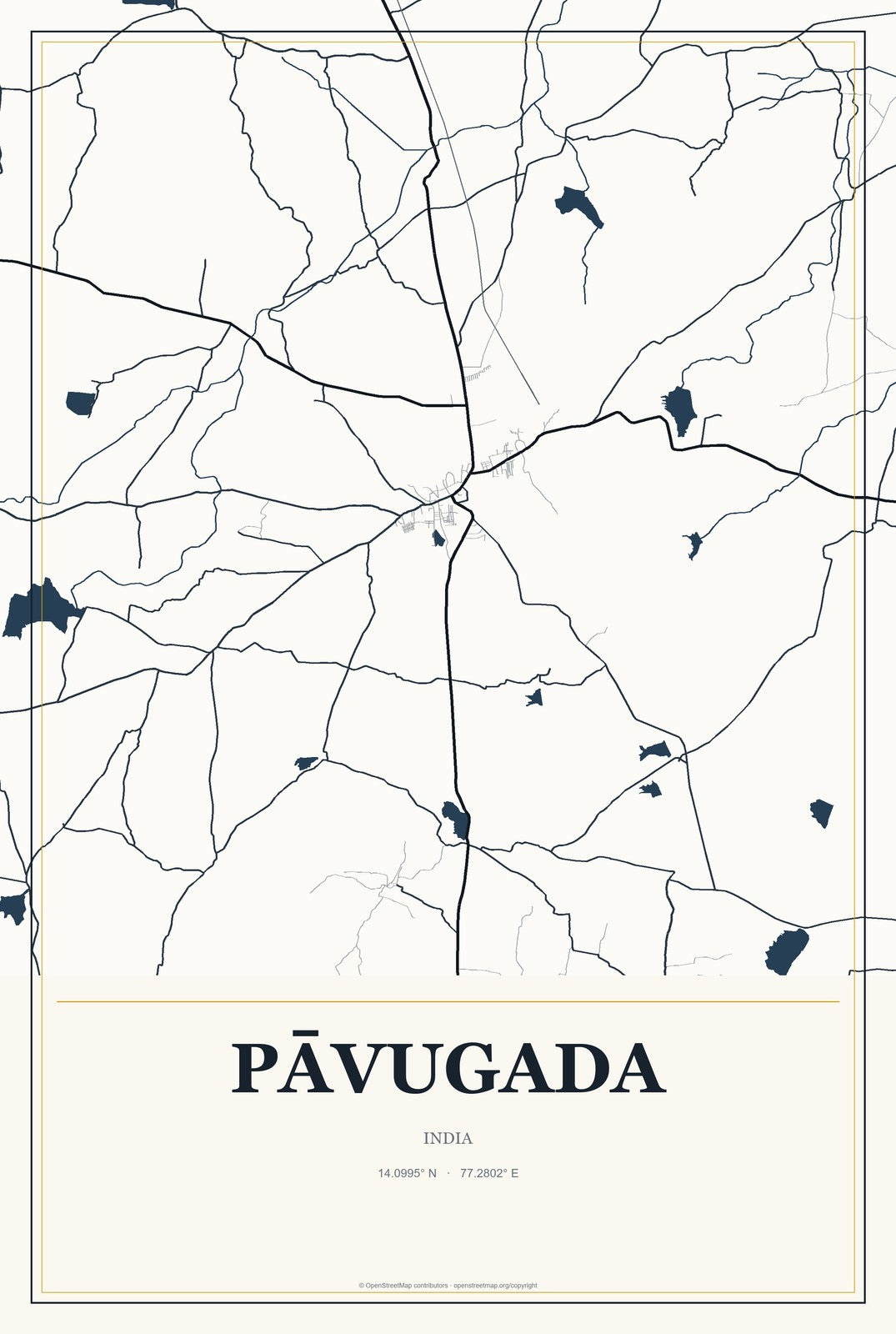 Pāvugada, India City Map Aluminum Sign in Citrine Modern style
