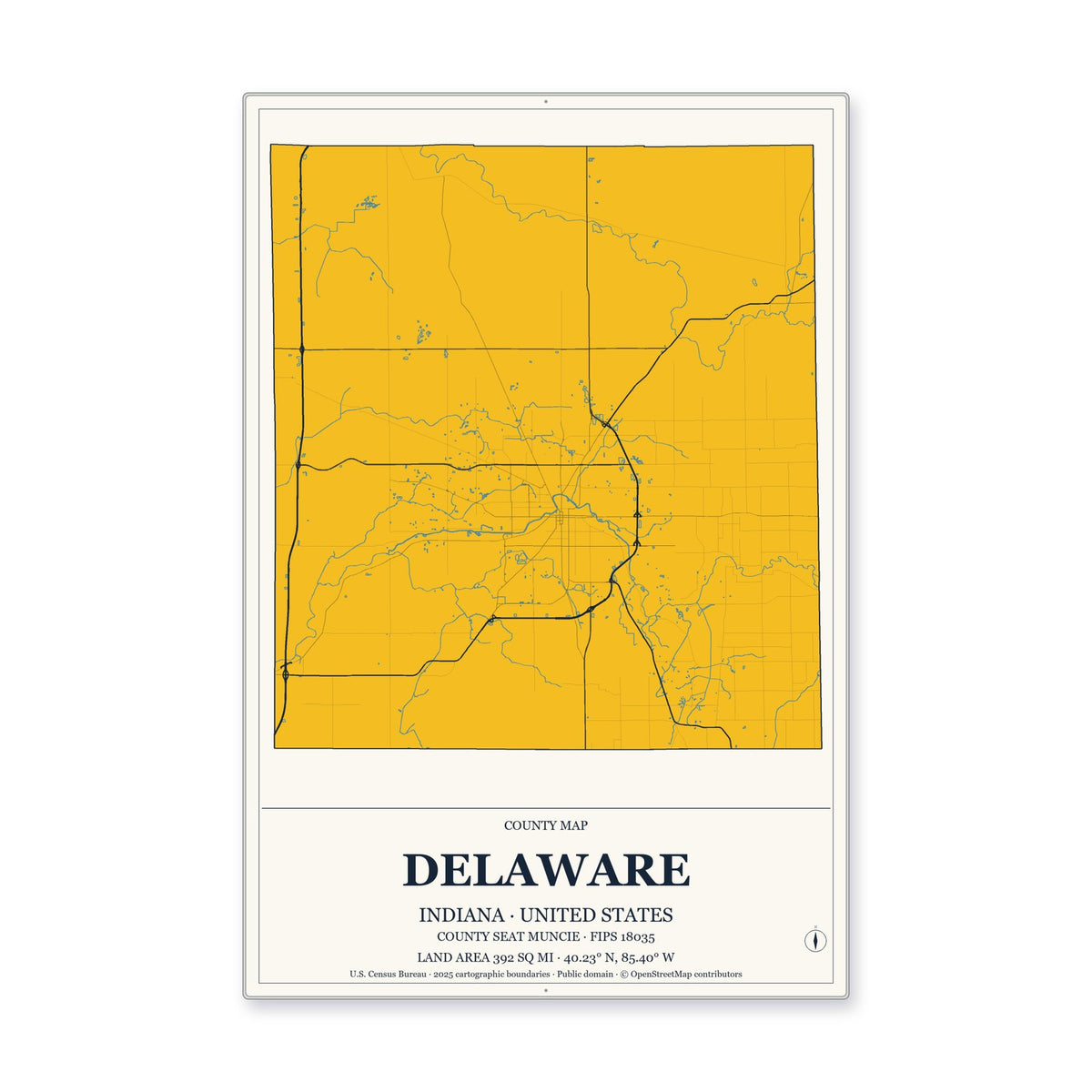 Delaware County, Indiana Map Aluminum Sign in Citrine Modern style