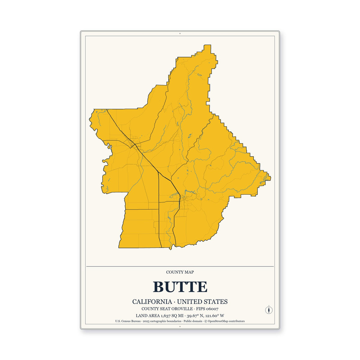 Butte County, California Map Aluminum Sign in Citrine Modern style