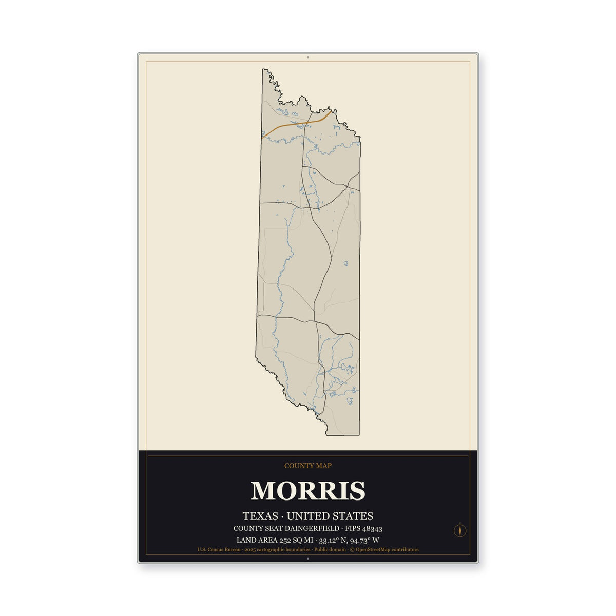 Morris County, Texas Map Aluminum Sign in Museum Plaque style