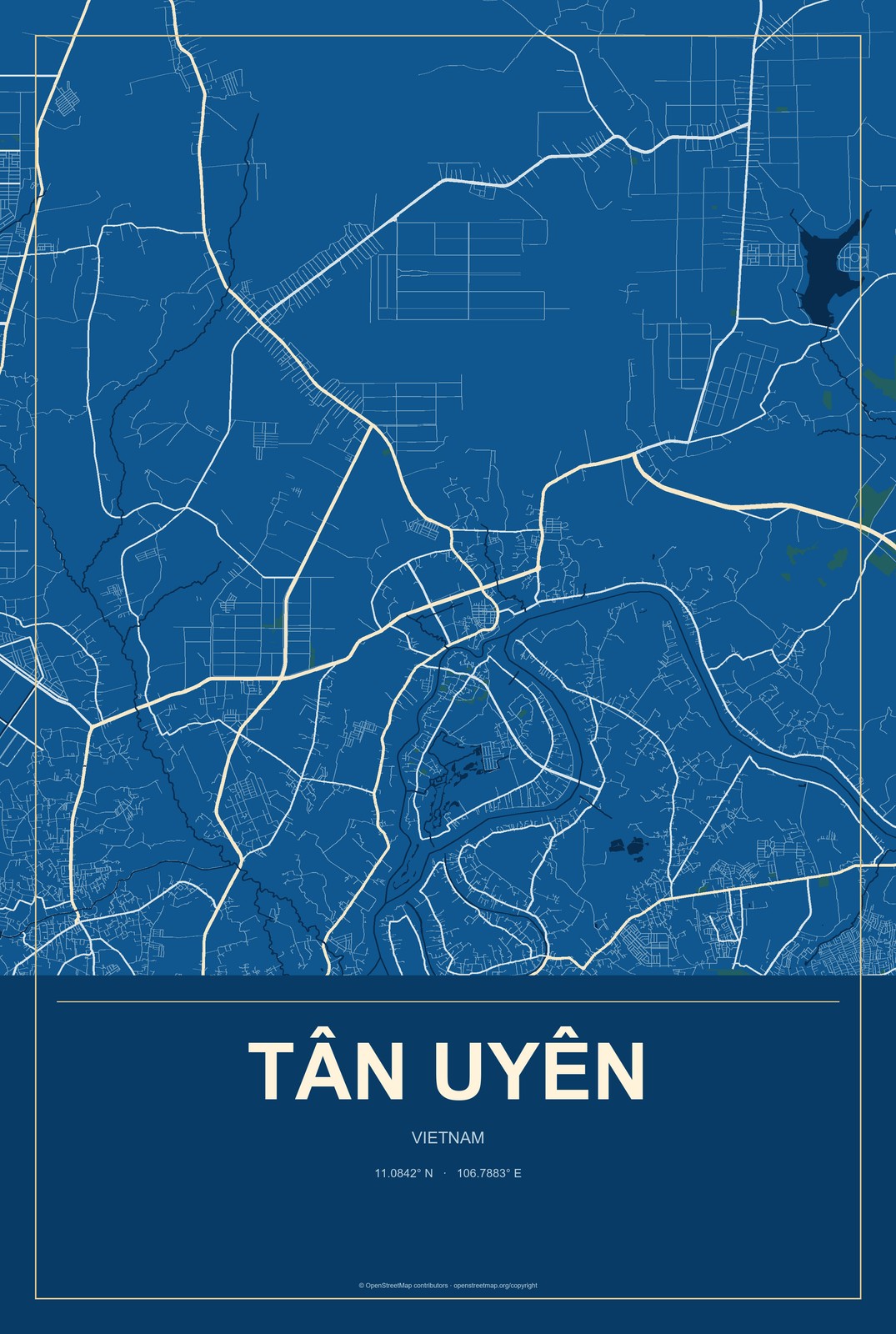 Tân Uyên, Vietnam City Map Aluminum Sign in Harbor Cobalt style
