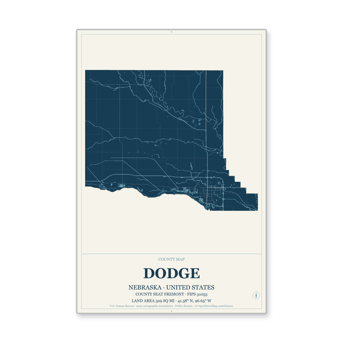Dodge County, Nebraska Map Aluminum Sign in Coastal Cutout style
