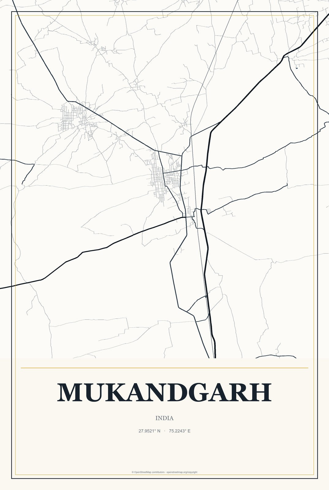 Mukandgarh, India City Map Aluminum Sign in Citrine Modern style