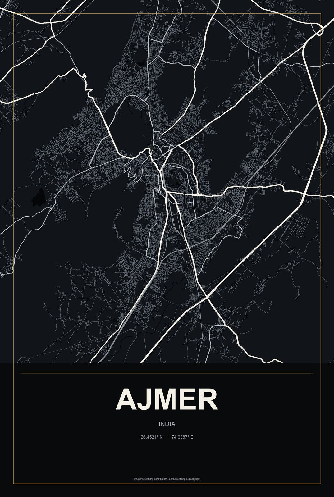 Ajmer, India City Map Aluminum Sign in Metropolitan Noir style