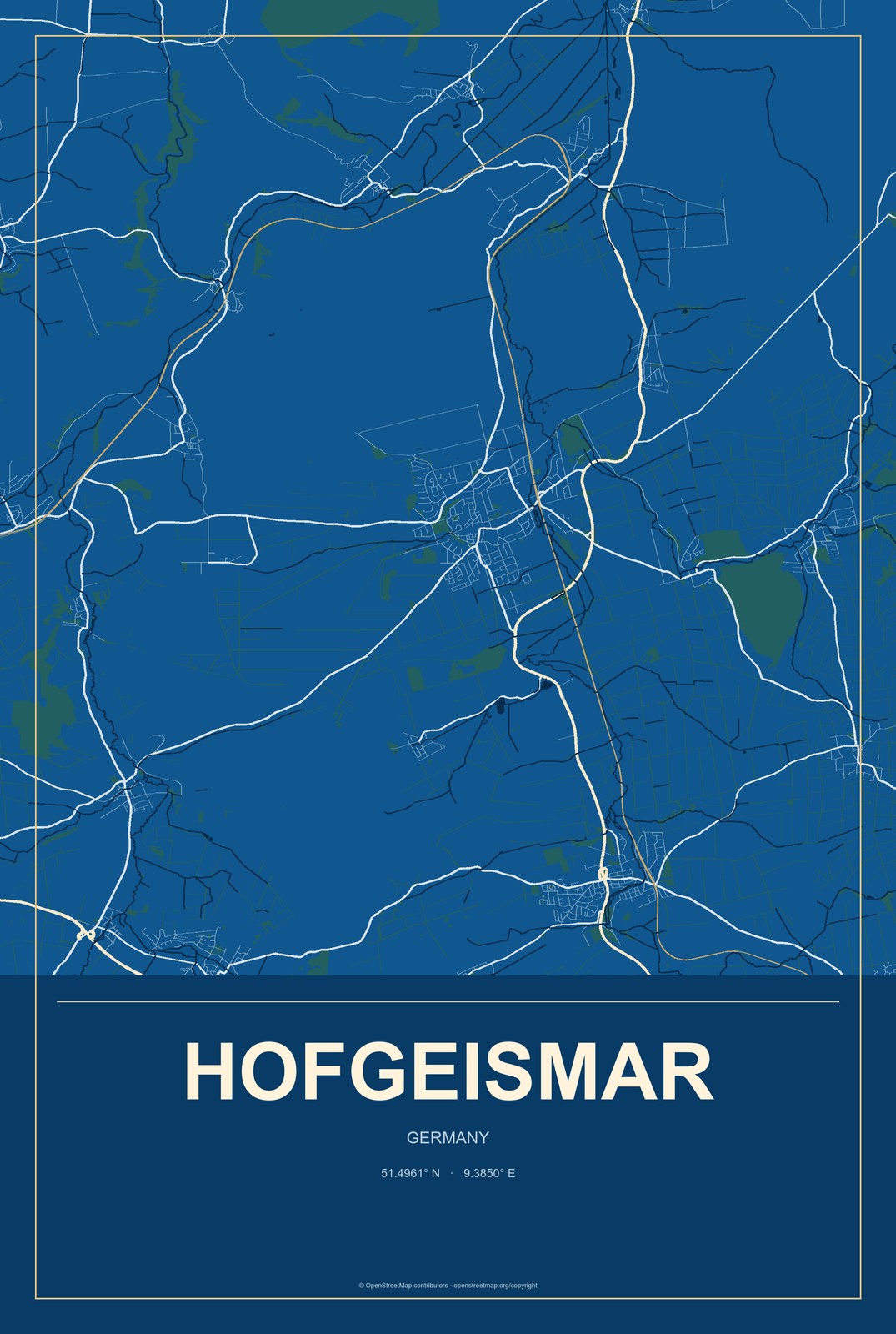 Hofgeismar, Germany City Map Aluminum Sign in Harbor Cobalt style