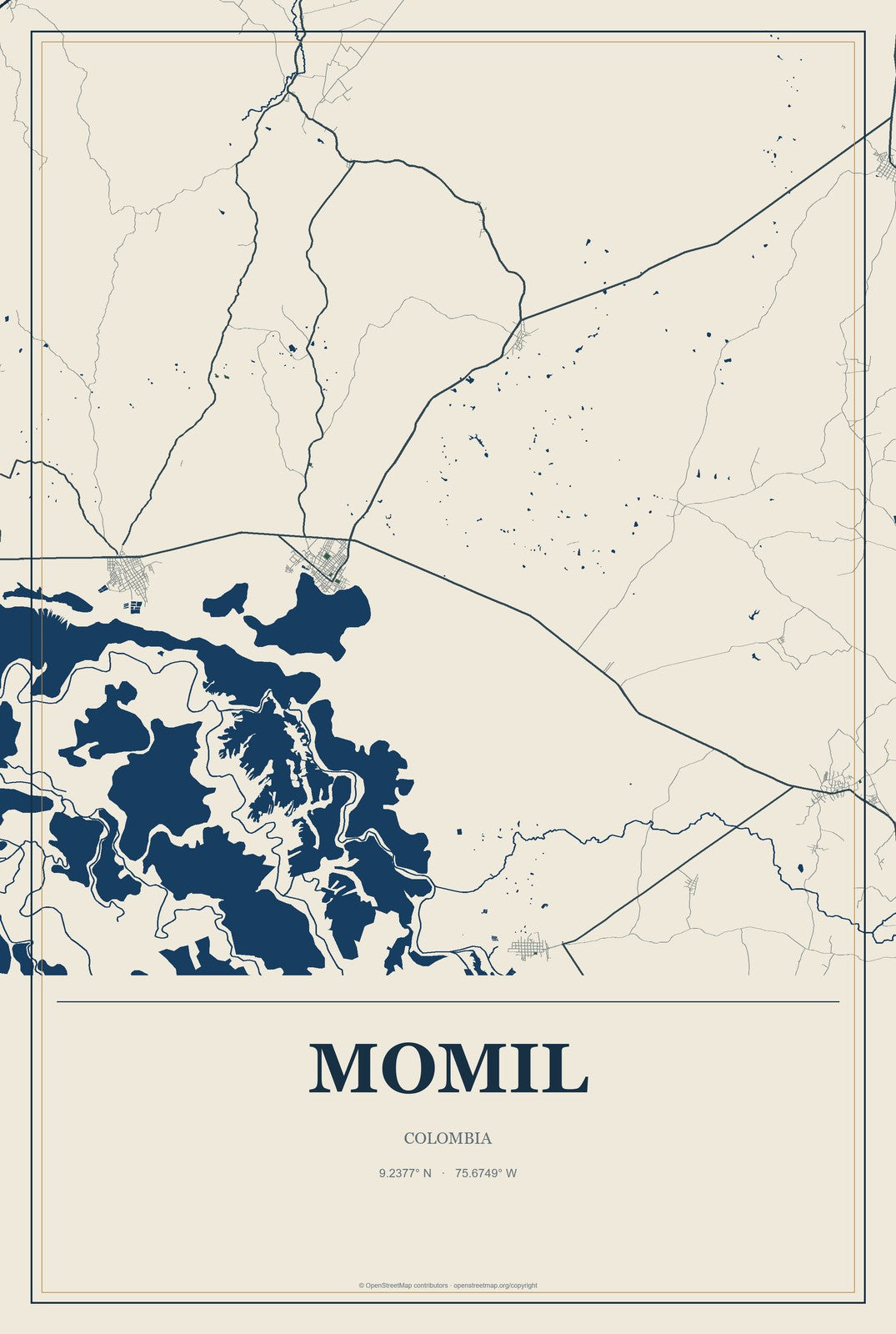 Momil, Colombia City Map Aluminum Sign in Coastal Cutout style