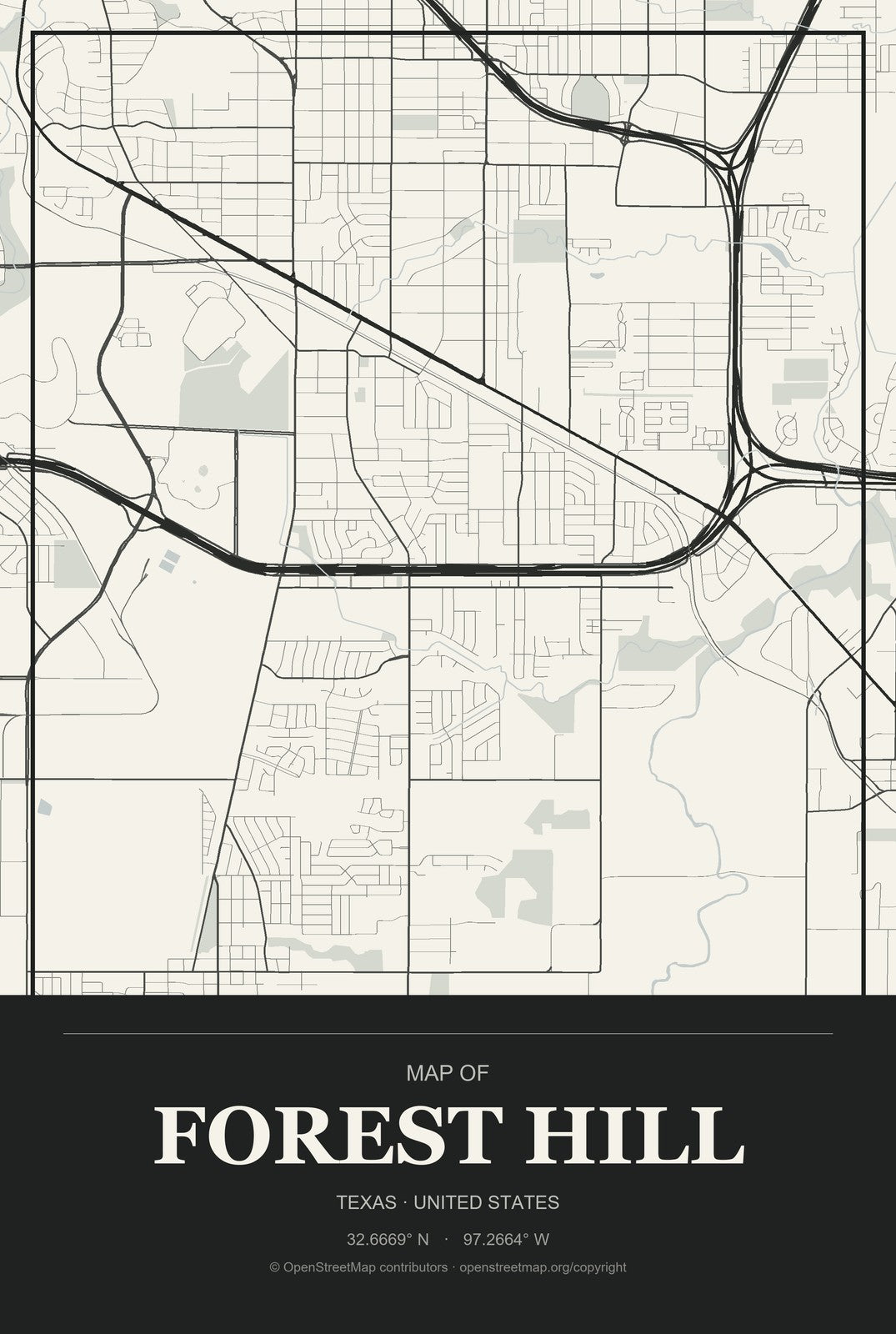 Forest Hill, Texas City Map Aluminum Sign in Museum Plaque style