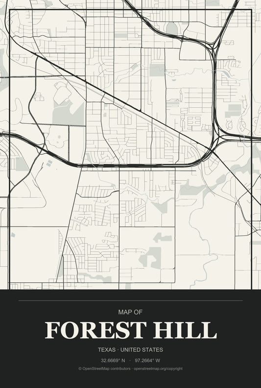 Forest Hill, Texas City Map Aluminum Sign in Museum Plaque style