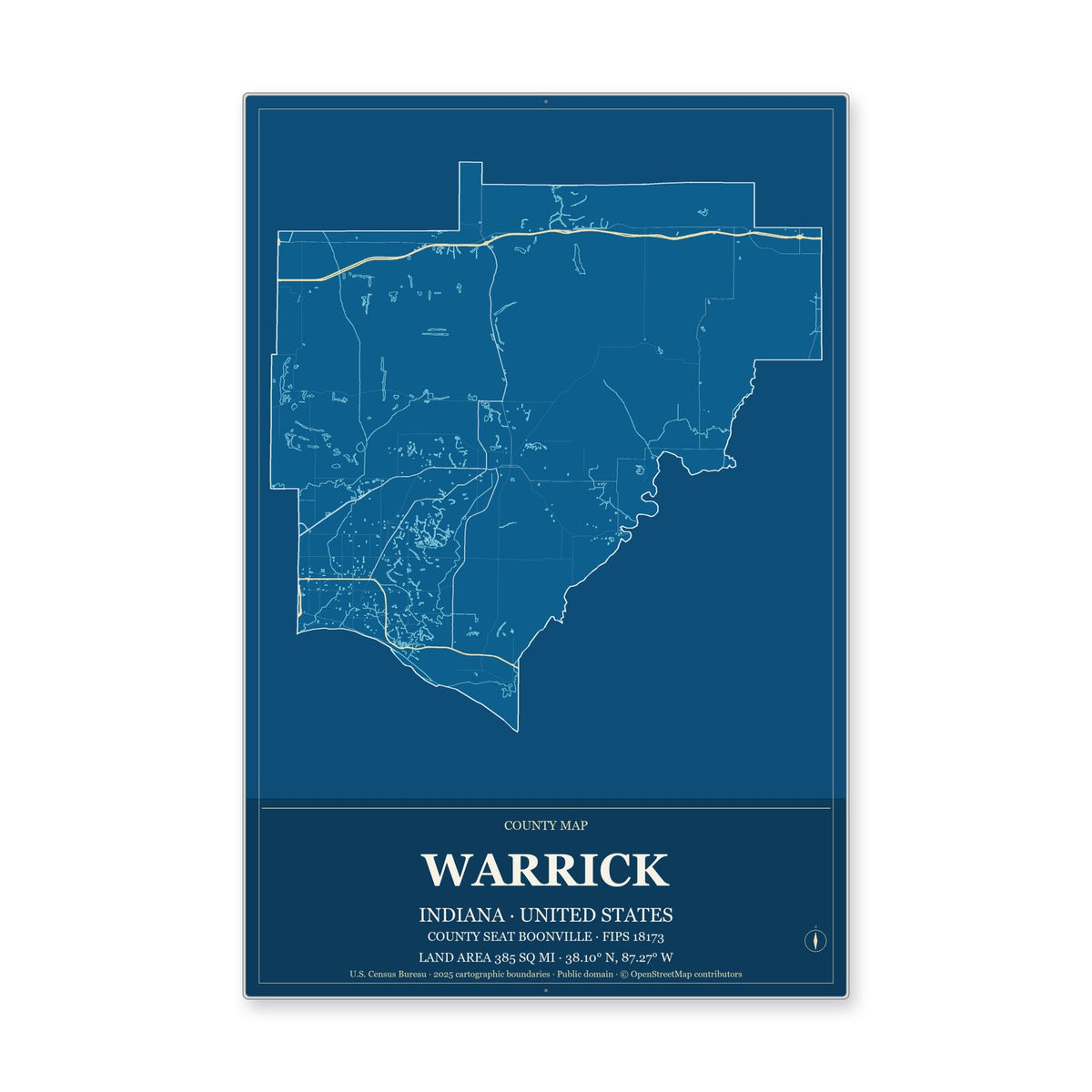 Warrick County, Indiana Map Aluminum Sign in Harbor Cobalt style