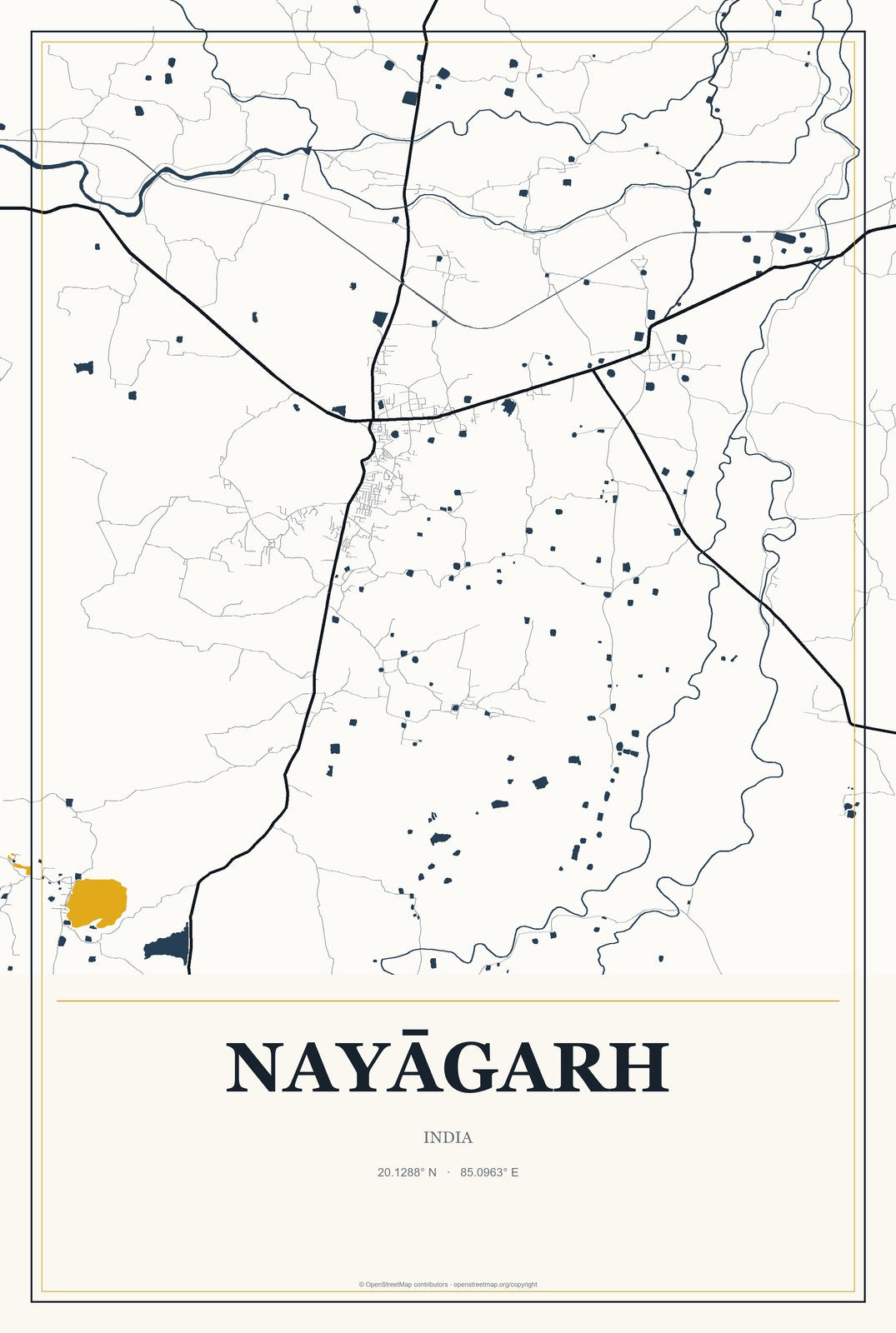 Nayāgarh, India City Map Aluminum Sign in Citrine Modern style