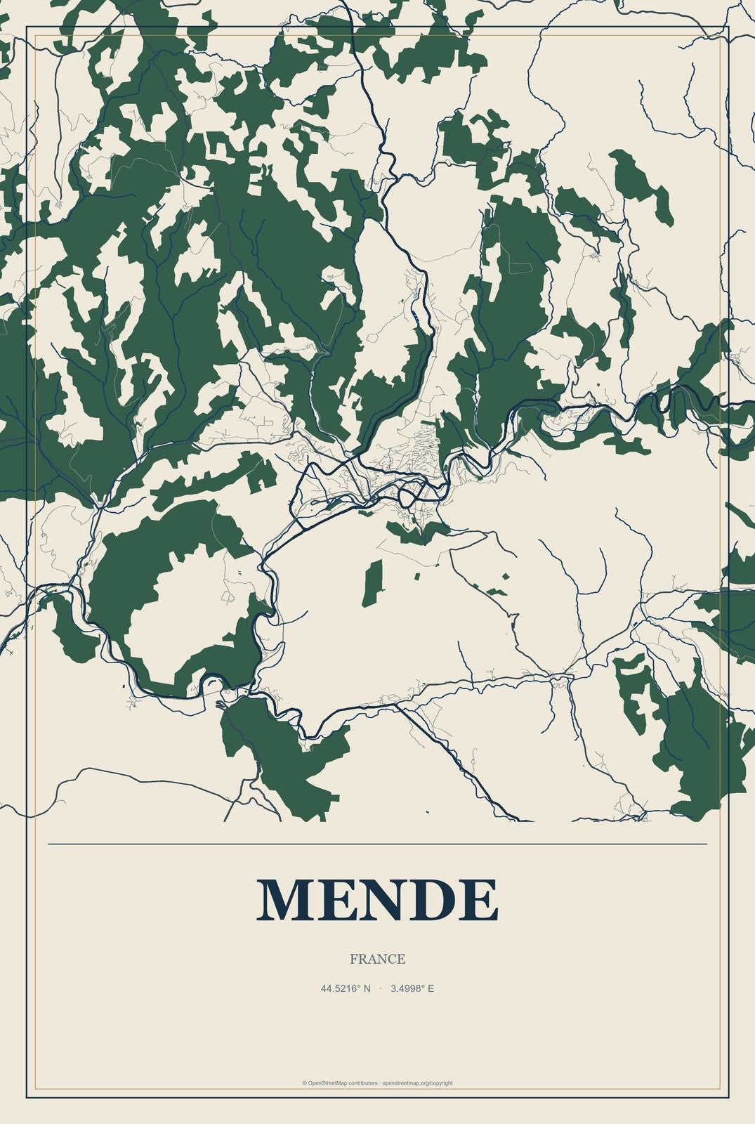 Mende, France City Map Aluminum Sign in Coastal Cutout style